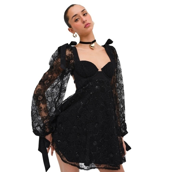 For Love & Lemons Black Kiersten Long Sleeve Mini Dress US XS - Picture 1 of 11